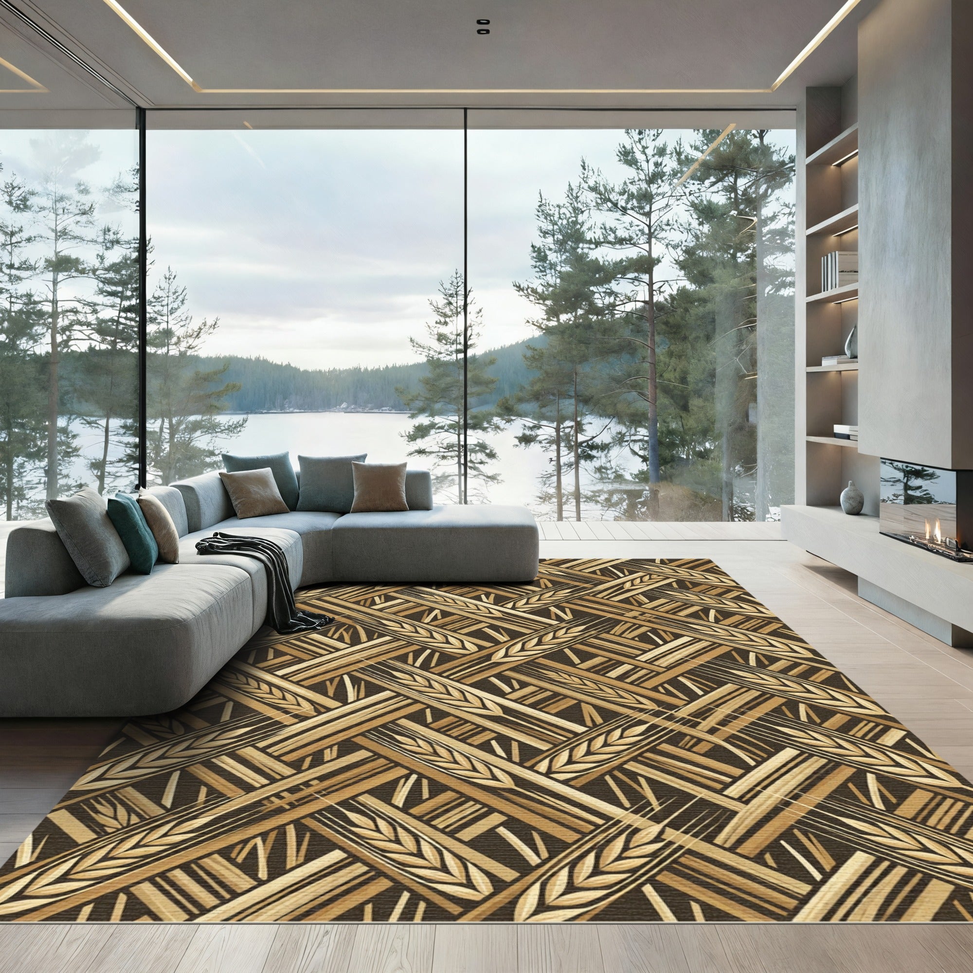 Golden Wheat Stalk Woven Lattice Rug