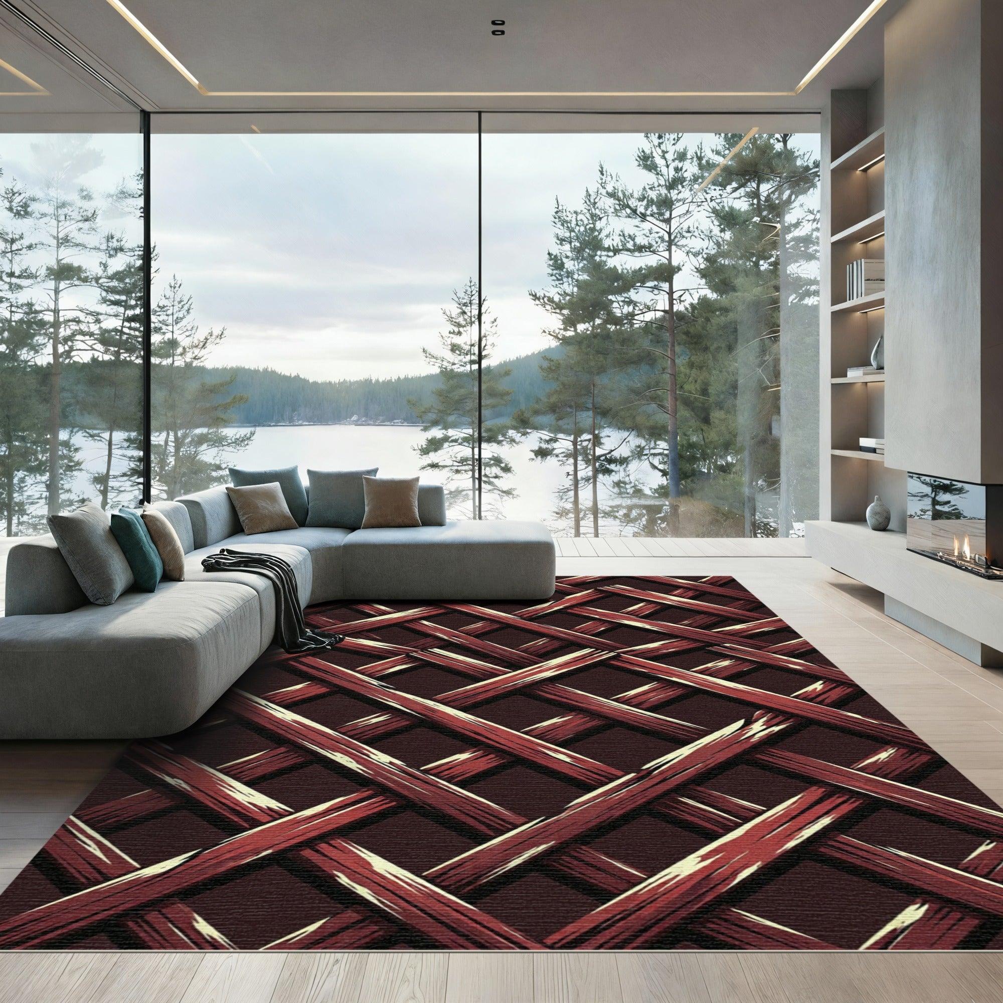 Crimson Interlaced Geometric Lattice Rug