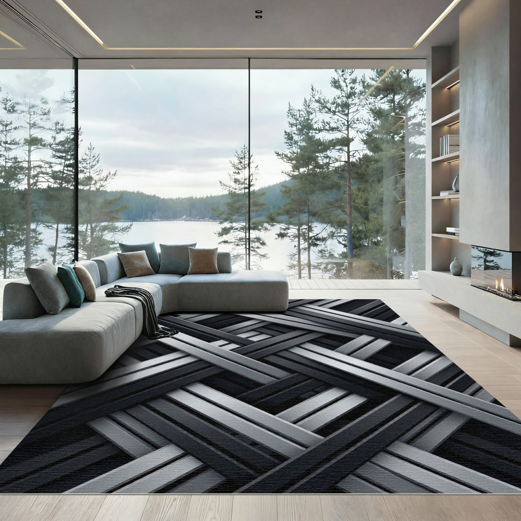 Monochrome Metallic Interlocking Geometric Layers Rug