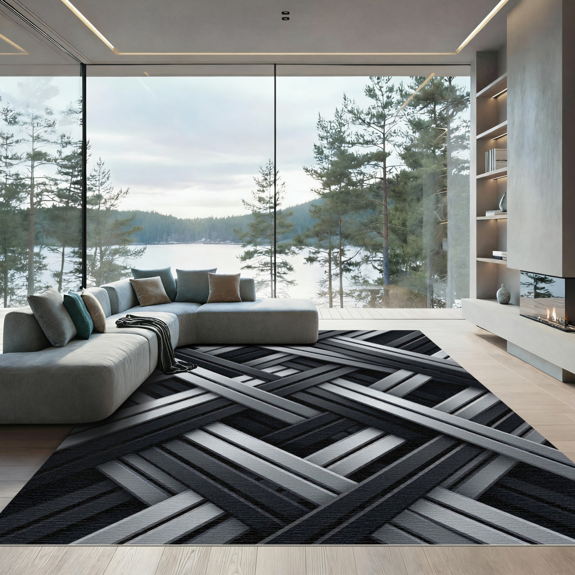 Monochrome Metallic Interlocking Geometric Layers Rug