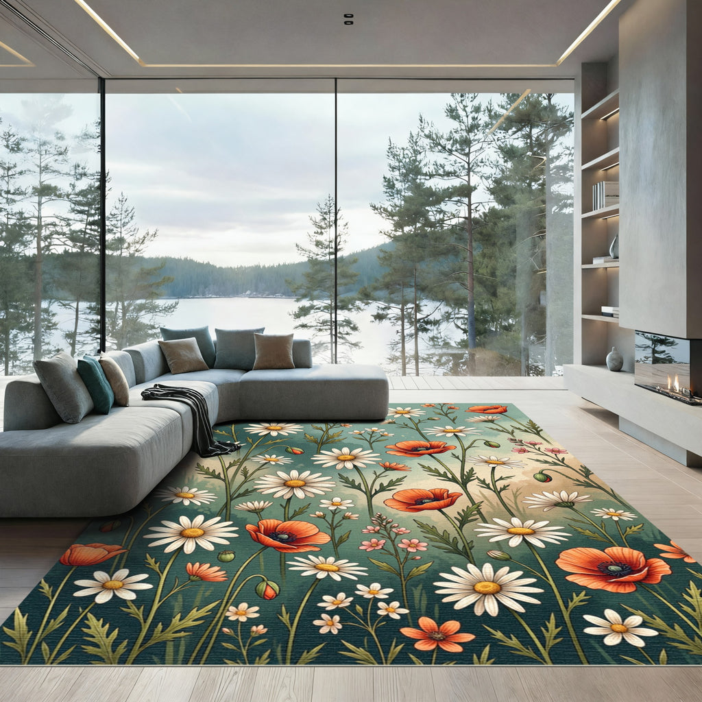 Watercolor Wildflower Daisy and Poppy Meadow Rug