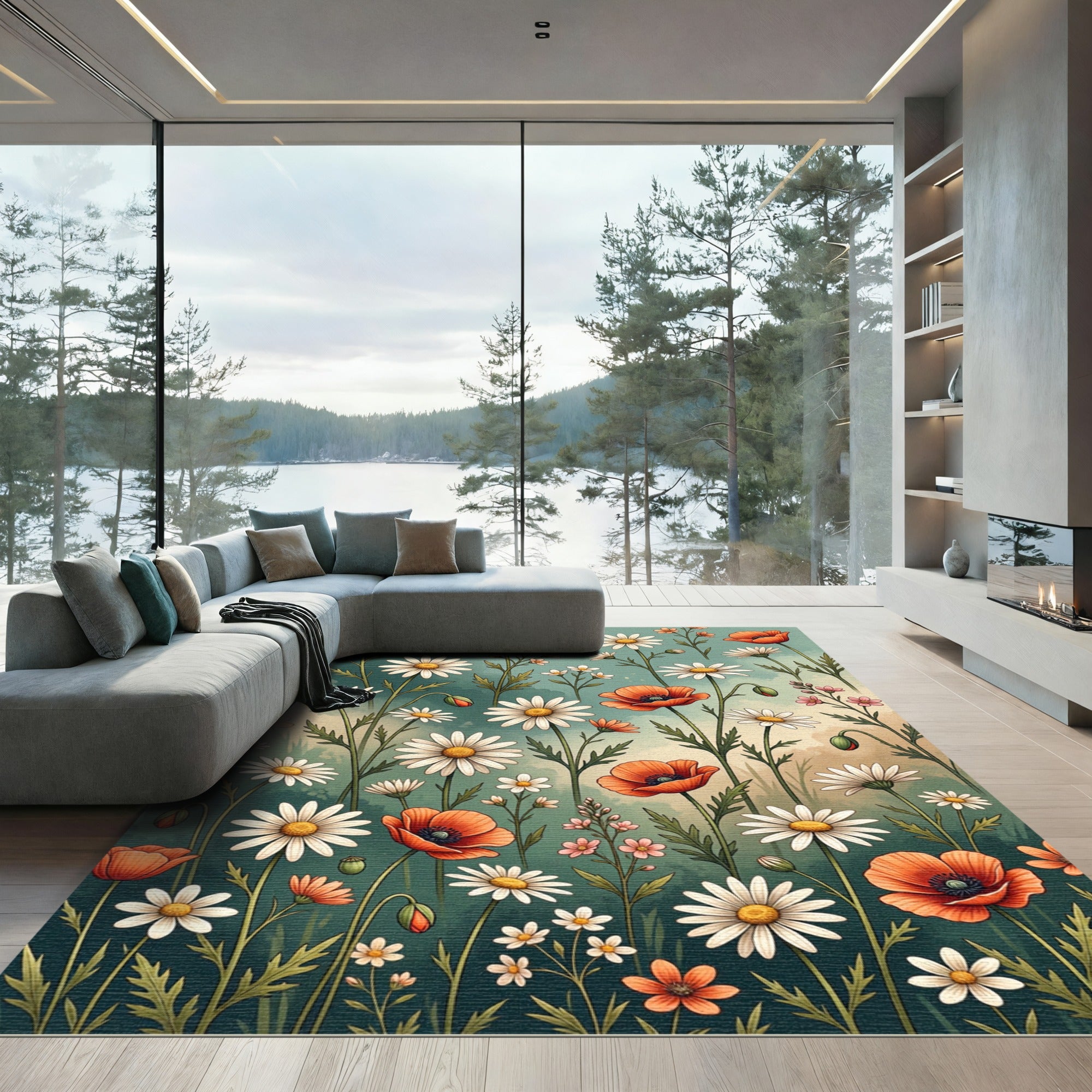 Watercolor Wildflower Daisy and Poppy Meadow Rug