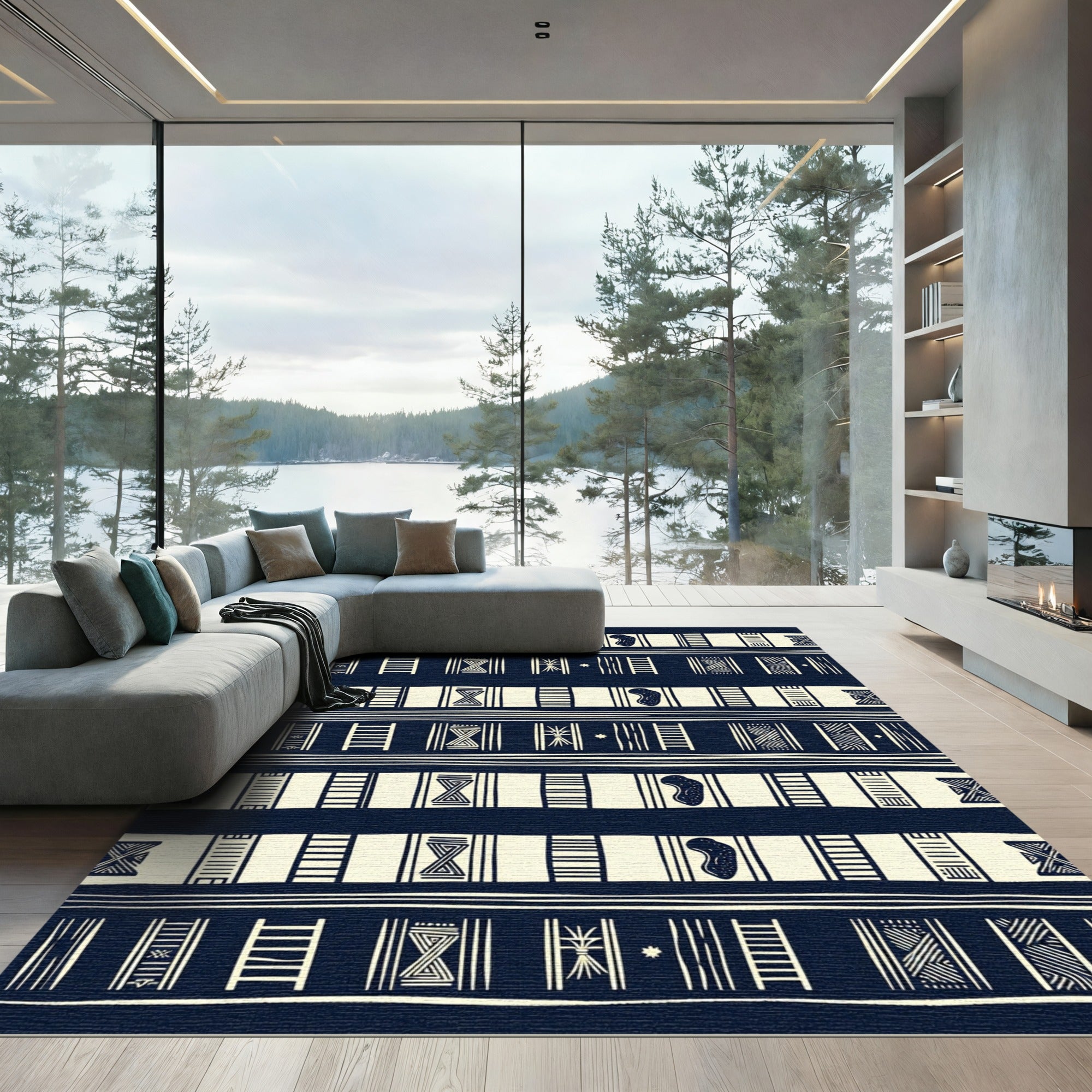 Midnight Navy Ivory Tribal Geometric Striped Rug