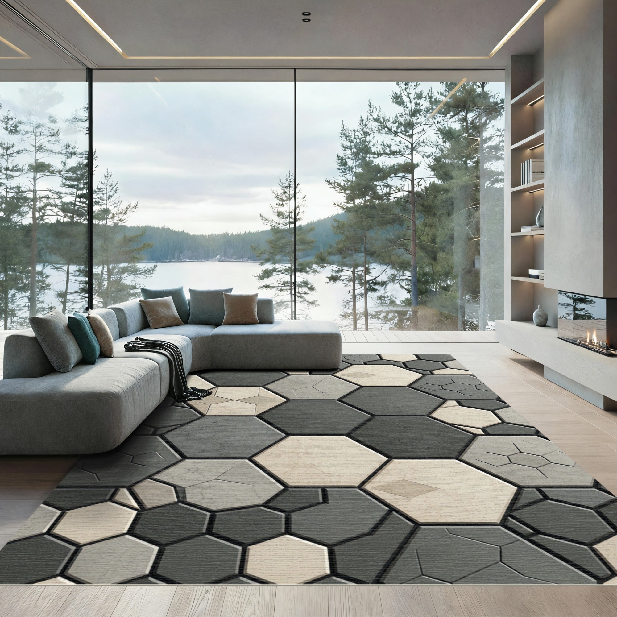 Modern Charcoal and Cream Hexagon Mosaic Rug