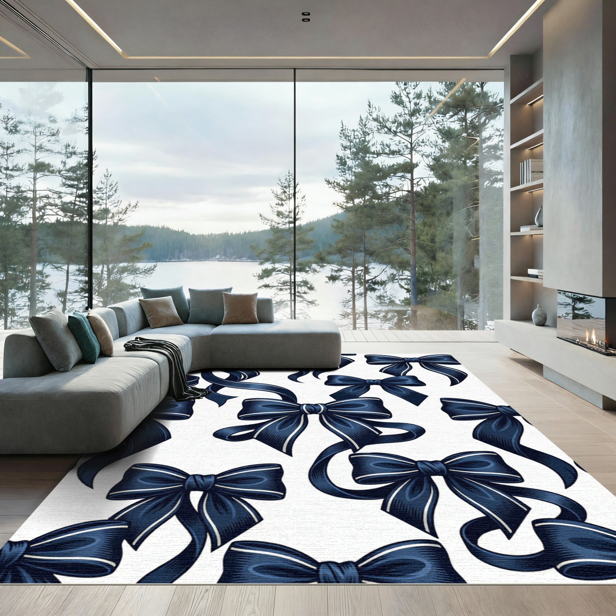 Elegant Navy Blue Bow Ribbon Accent Rug