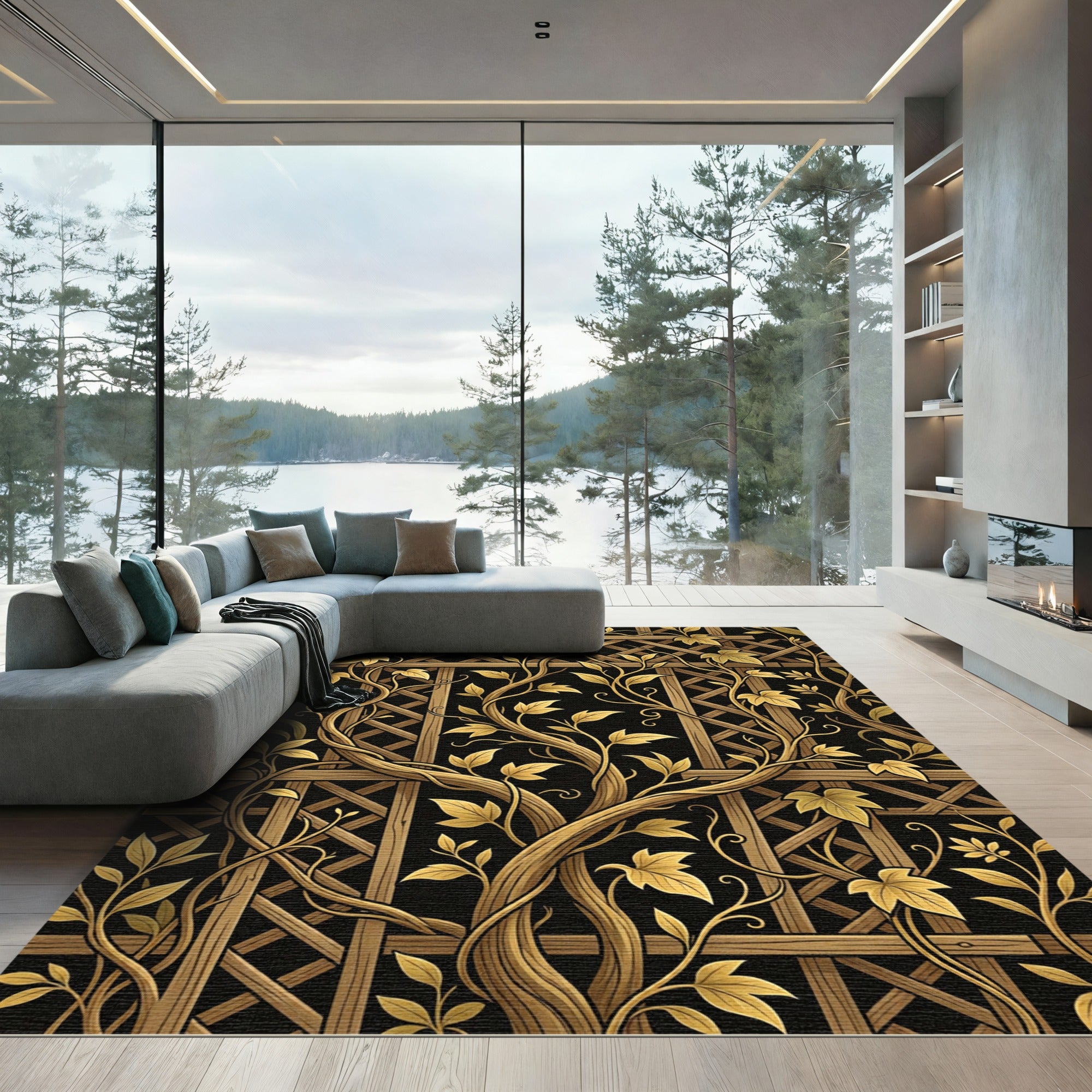 Golden Vine Trellis Black Background Rug