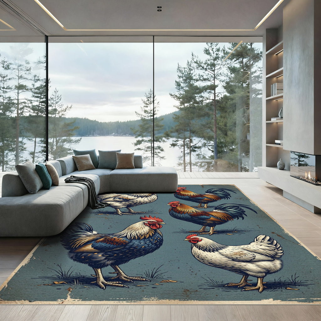 Vintage Farmhouse Rooster Flock Illustration Rug