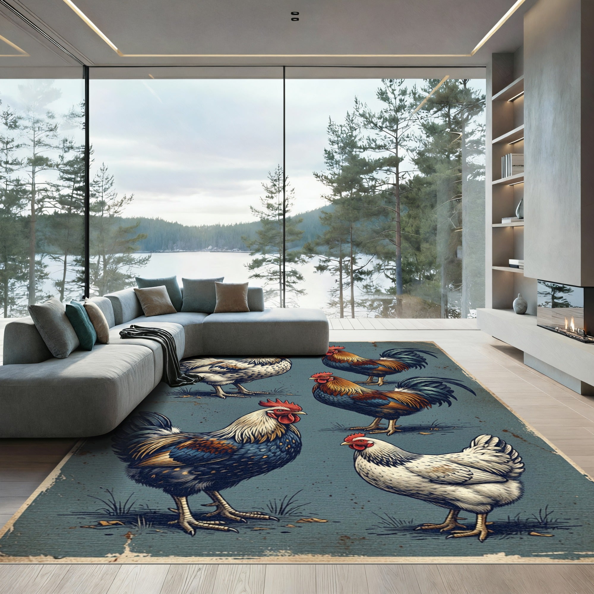 Vintage Farmhouse Rooster Flock Illustration Rug