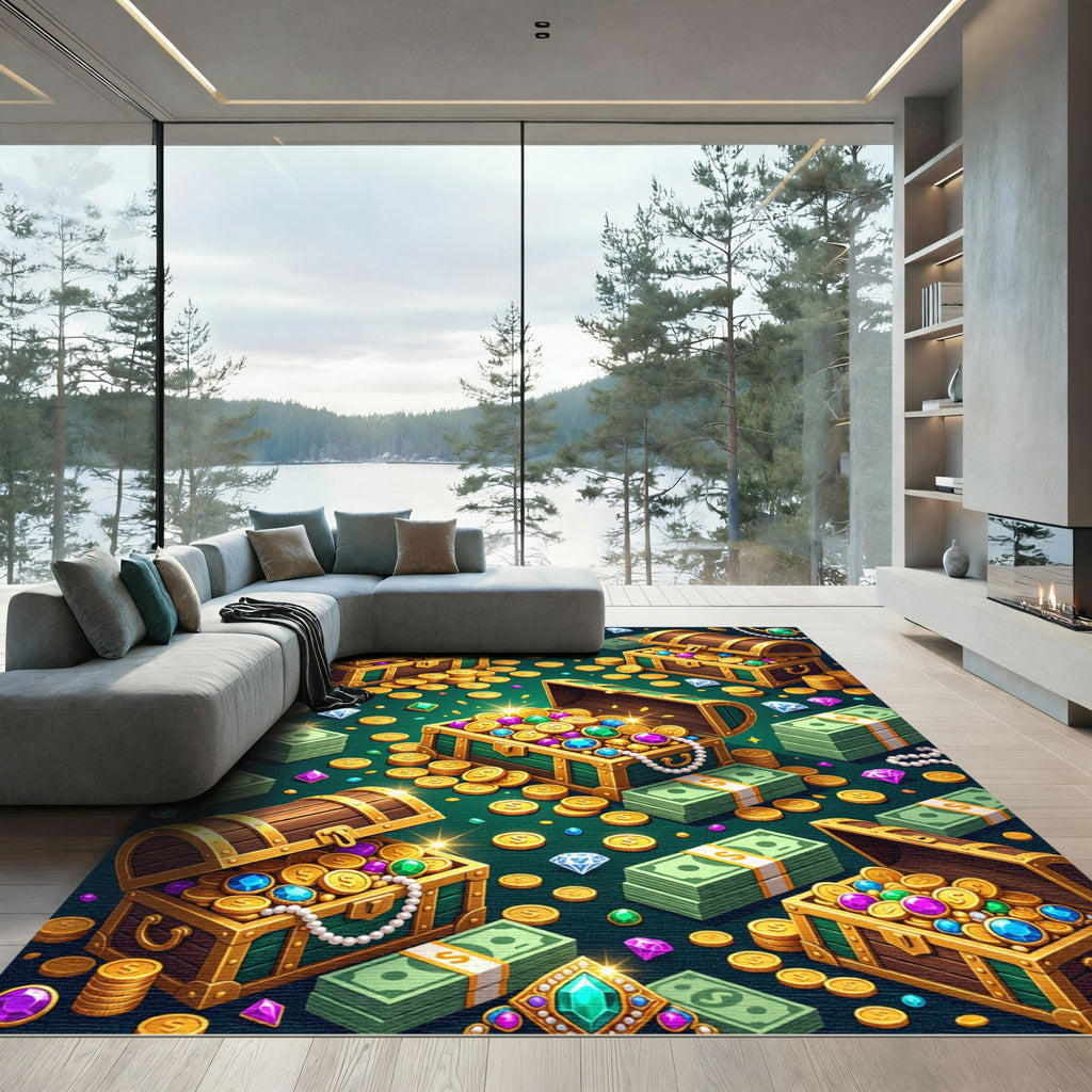 Glittering Treasure Chests Golden Coin Rug