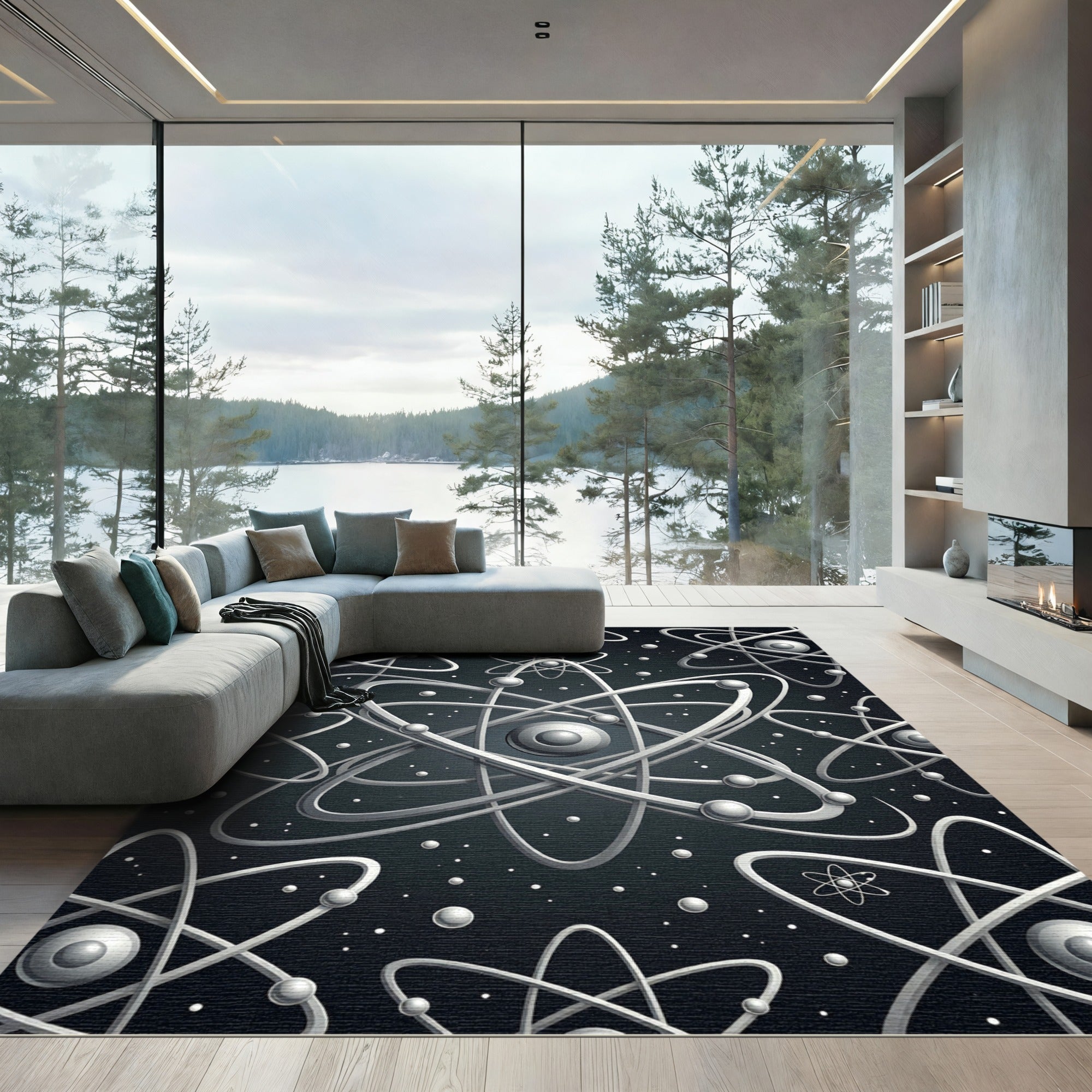 Monochrome Atomic Orbit Pattern Rug