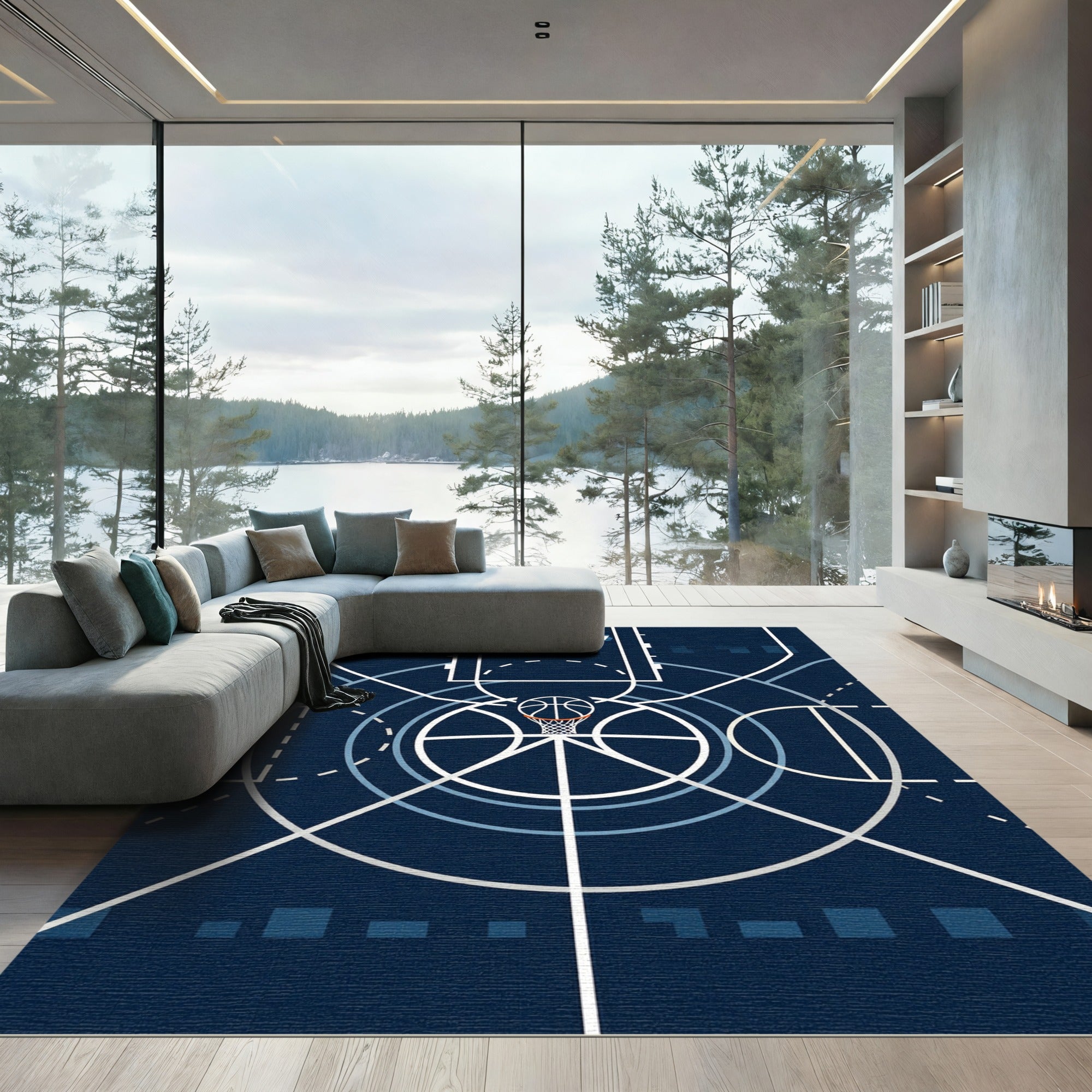 Minimalist Navy Basketball Court Graphic Rug