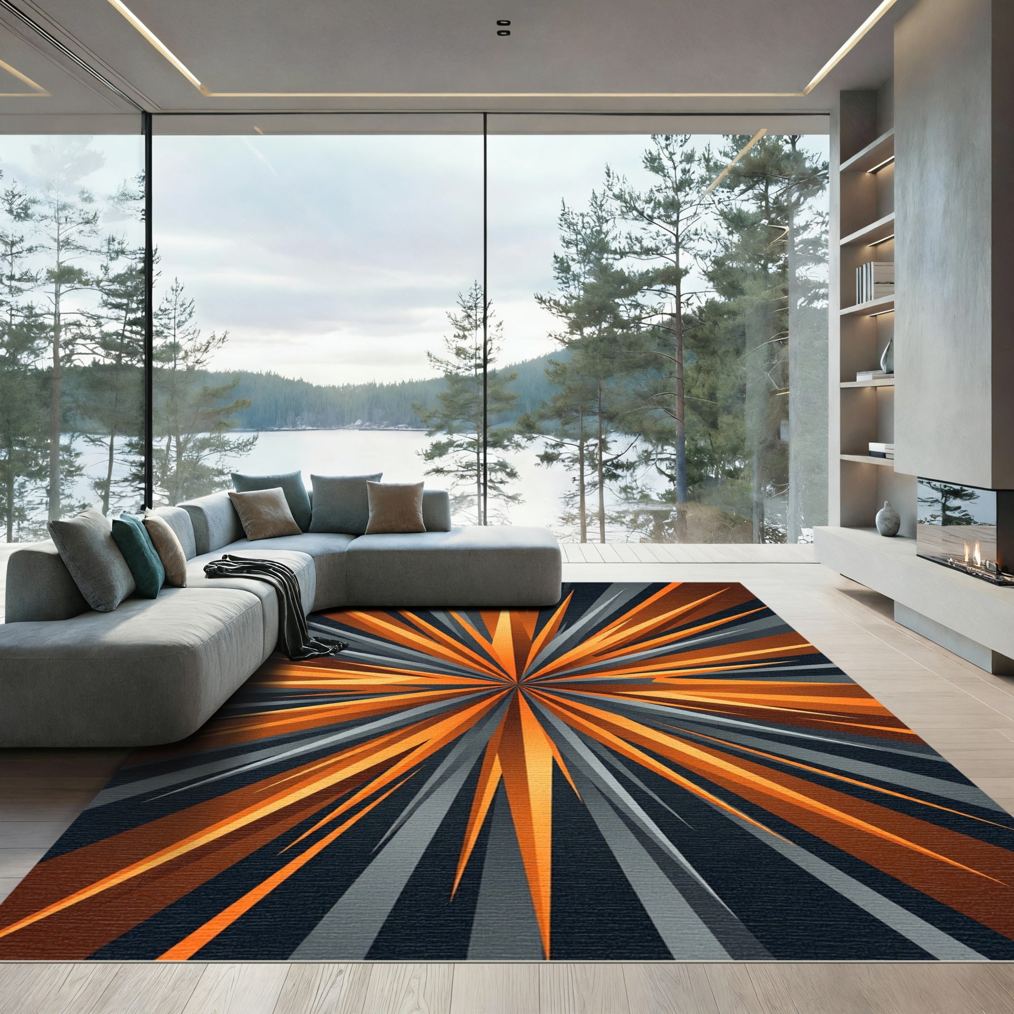 Abstract Orange and Gray Sunburst Rug