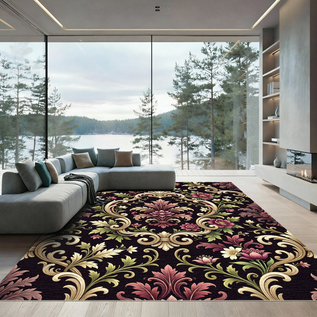 Ornate Crimson Floral Scrollwork Rug