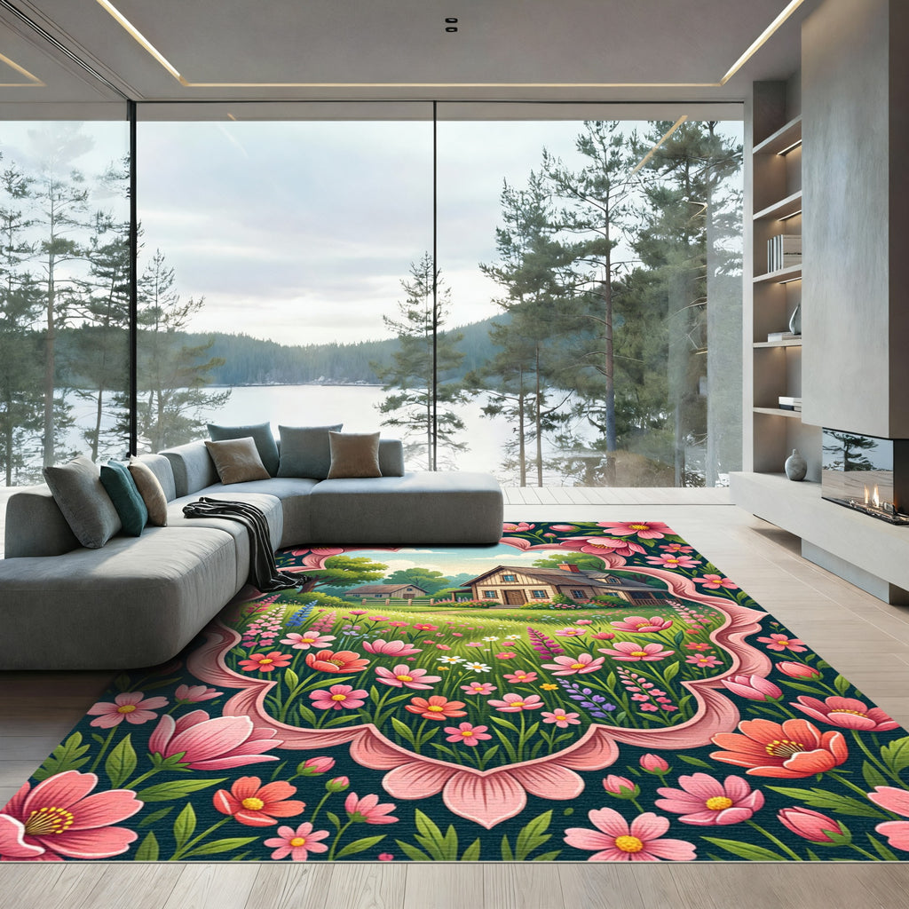 Whimsical Pink Floral Cottage Landscape Rug