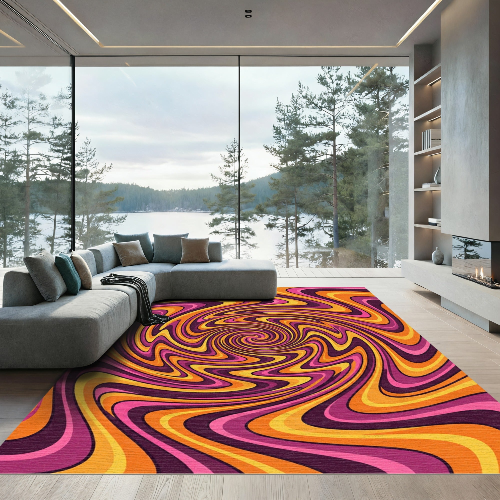 Vibrant Retro Psychedelic Swirling Waves Rug