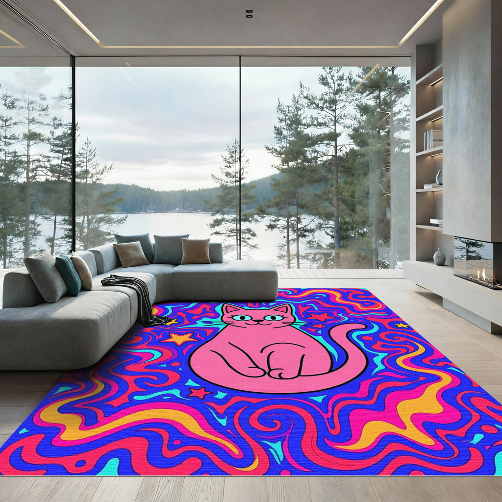 Psychedelic Pink Cat Swirl Stars Rug