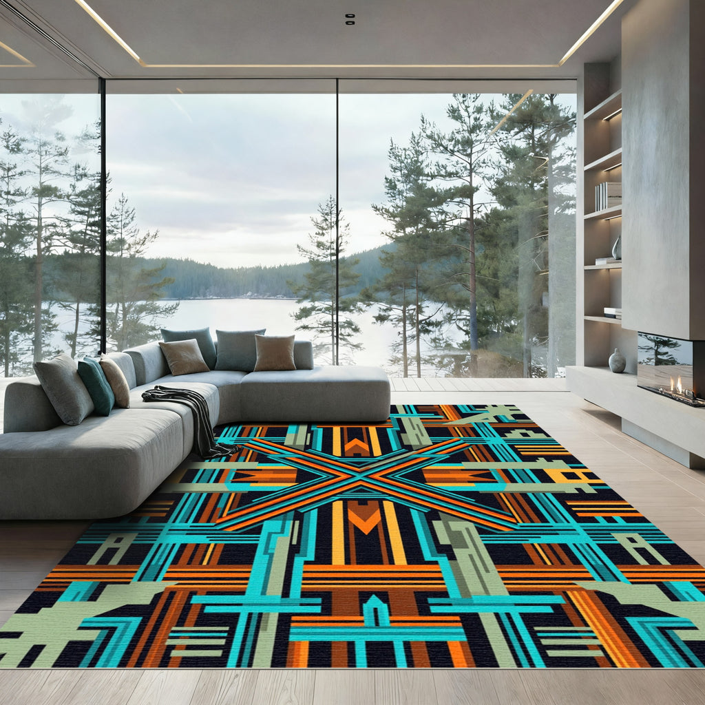 Geometric Teal and Orange Art Deco Abstract Rug