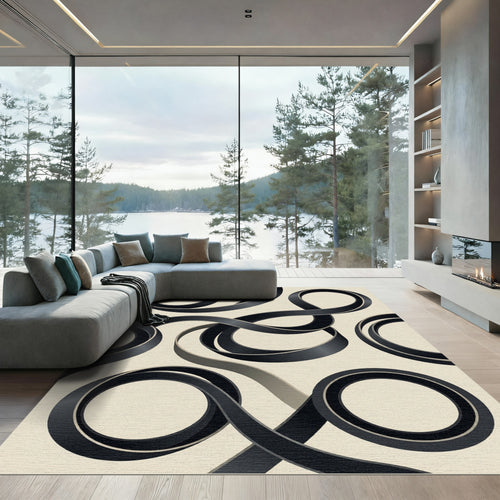 Black and Cream Abstract Ribbon Swirl Rug