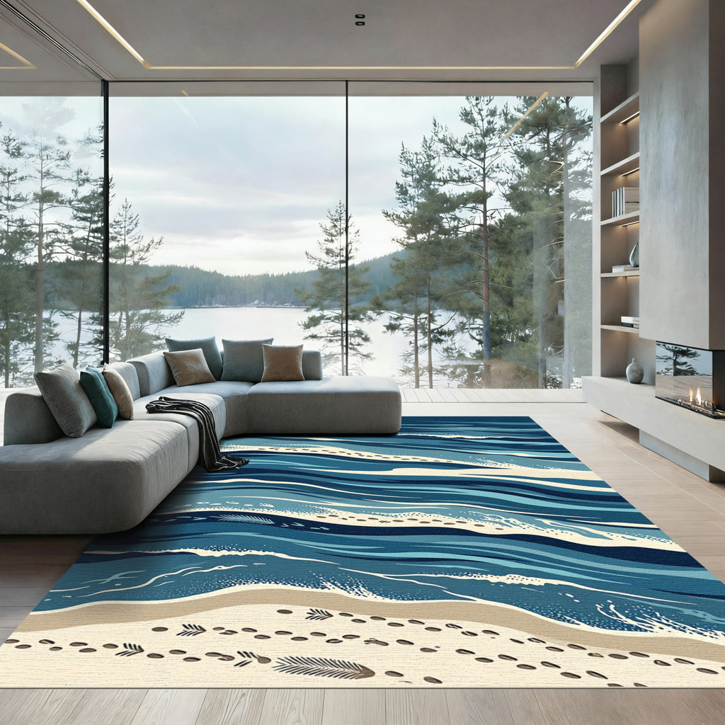 Deep Blue Ocean Waves Beach Sand Footprints Rug