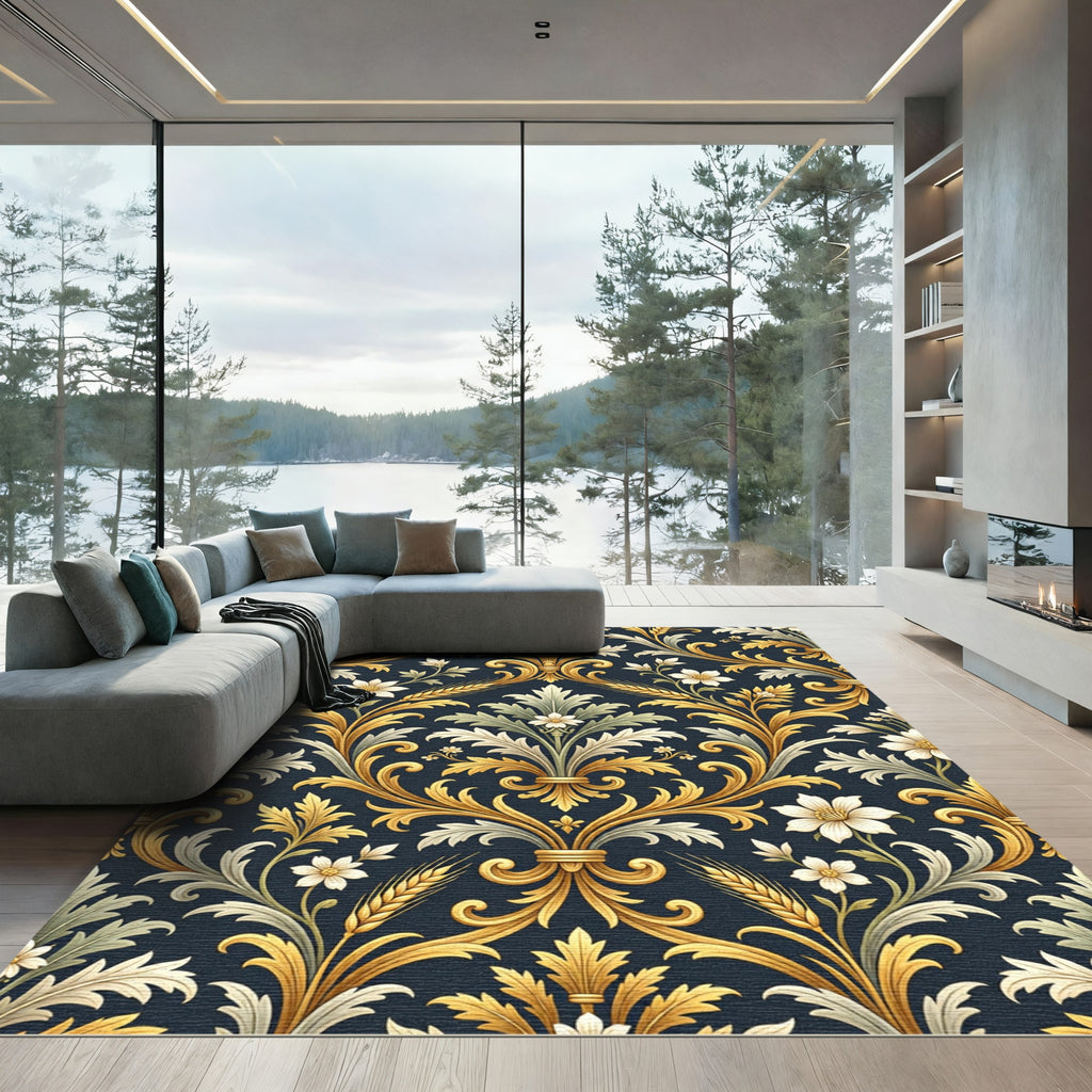 Ornate Gold Floral Dark Background Rug