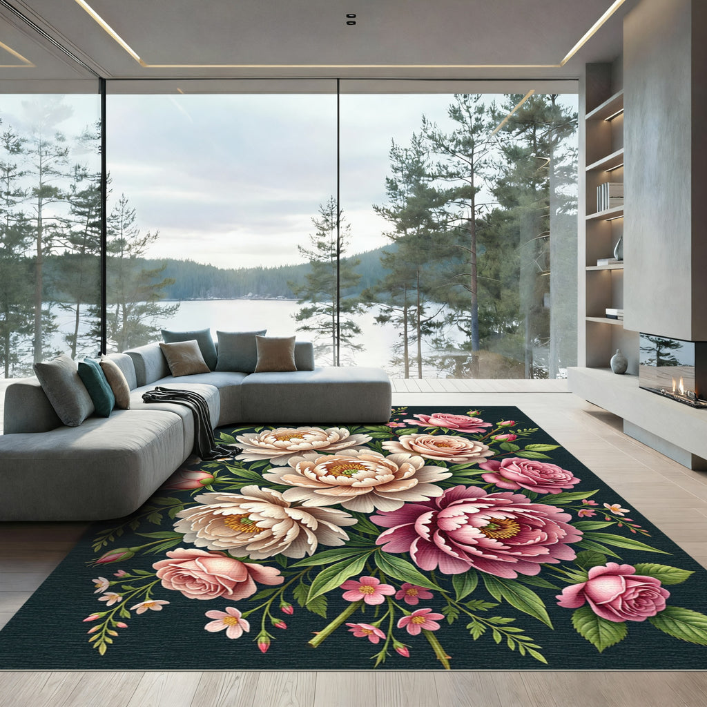 Soft Pink Peony Garden Floral Bouquet Rug