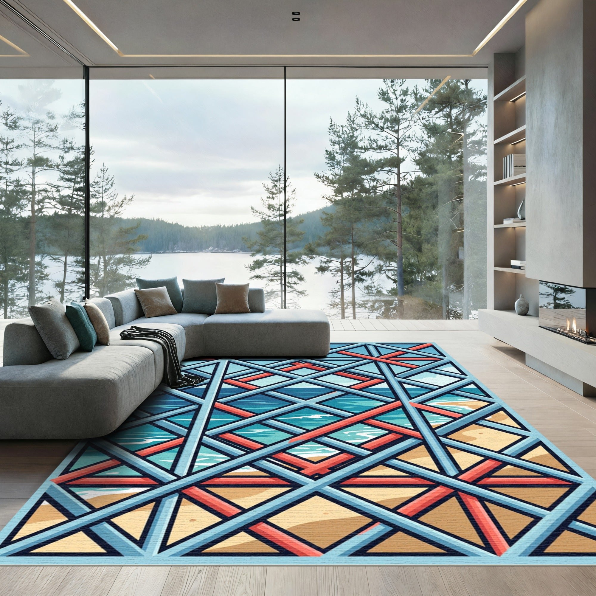 Blue and Coral Geometric Lattice Rug