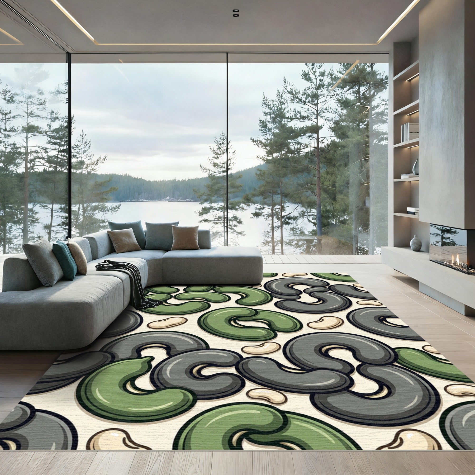 Olive and Charcoal Abstract Cashew Arrangement Rug