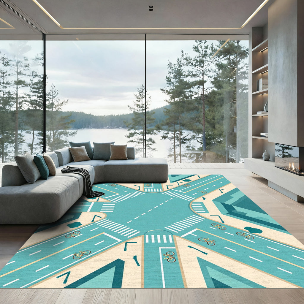 Modern Teal Urban Cycling Intersection Art Rug