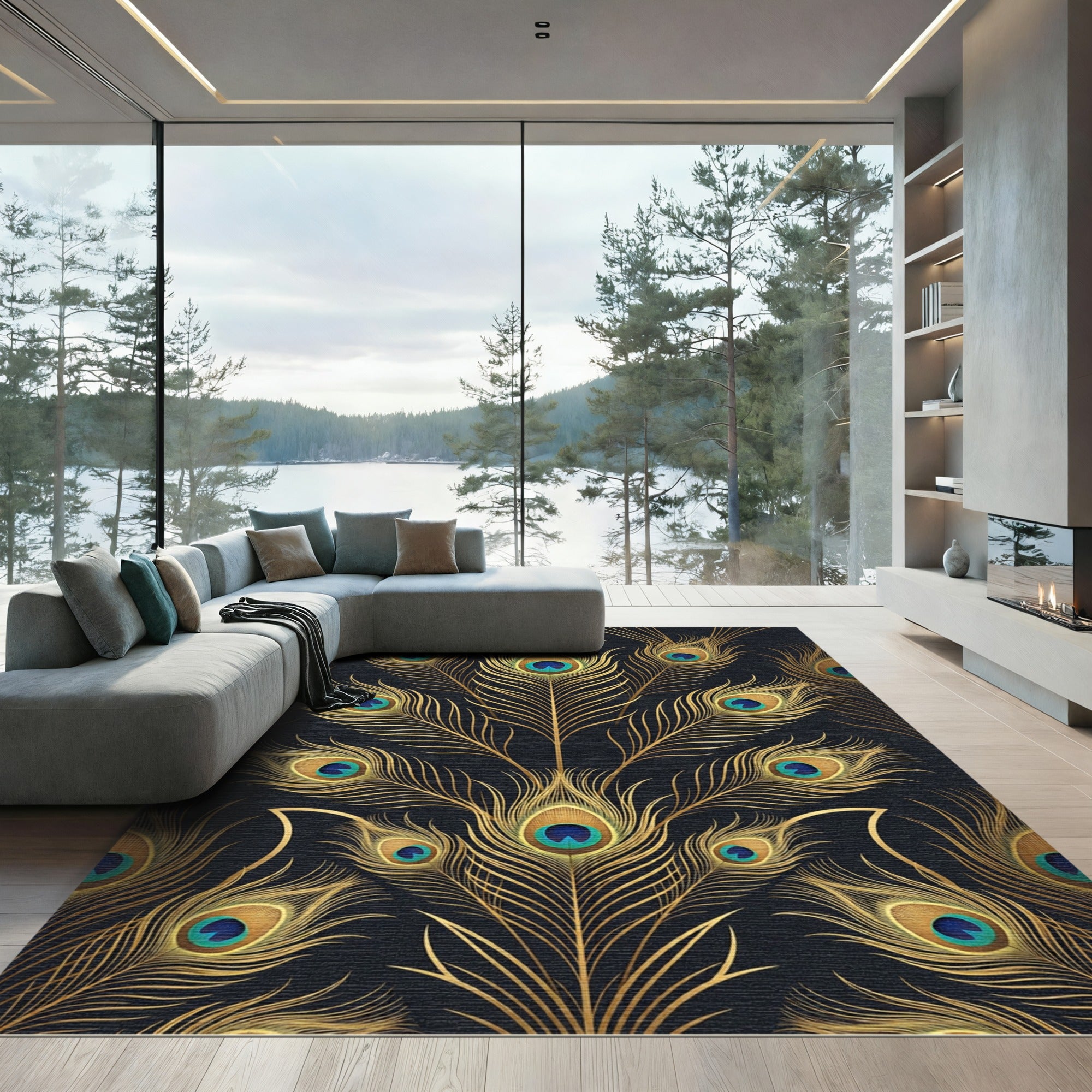 Elegant Golden Peacock Feather Luxury Rug
