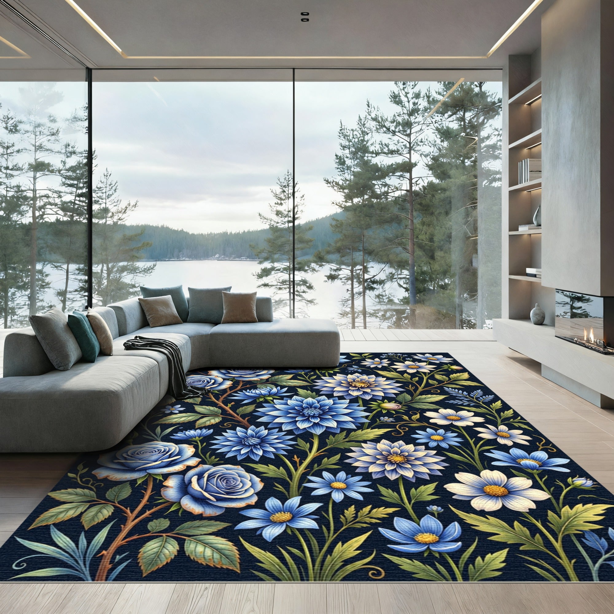 Rich Blue Floral Garden Composition Rug