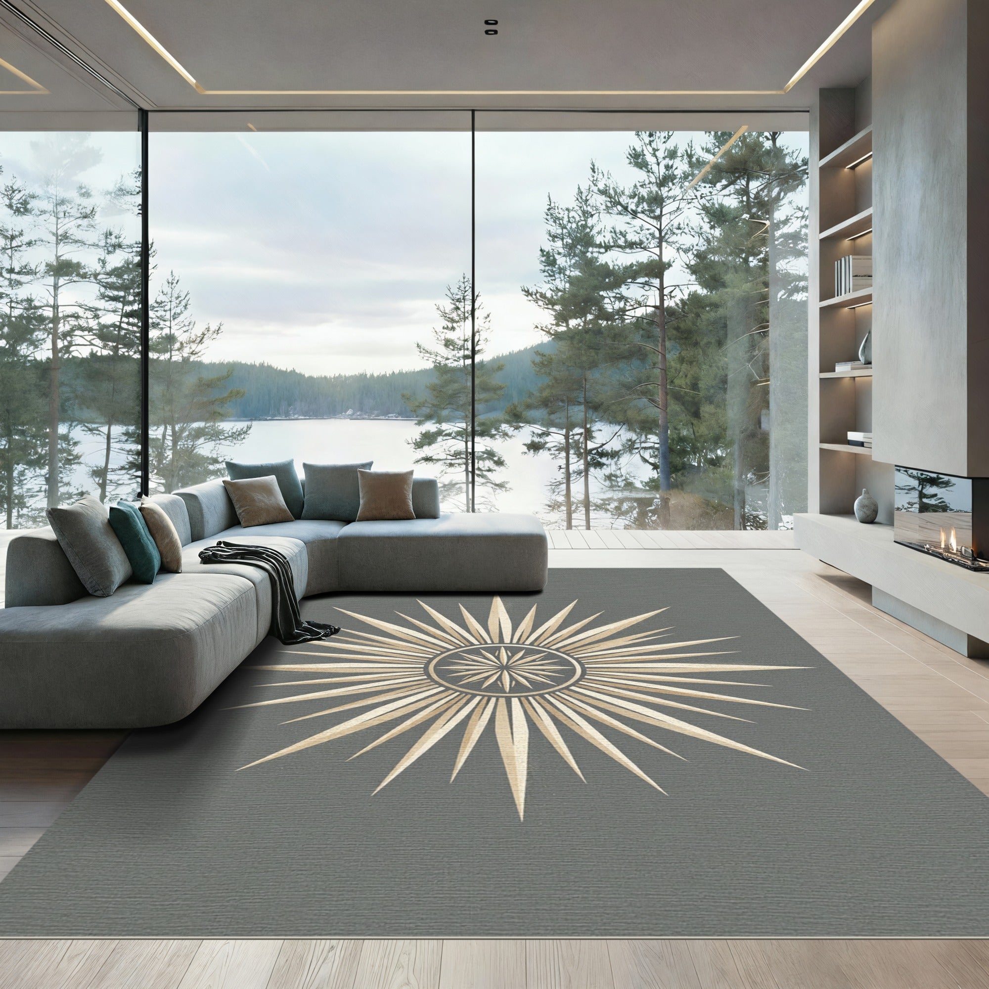 Celestial Golden Starburst Gray Medallion Rug