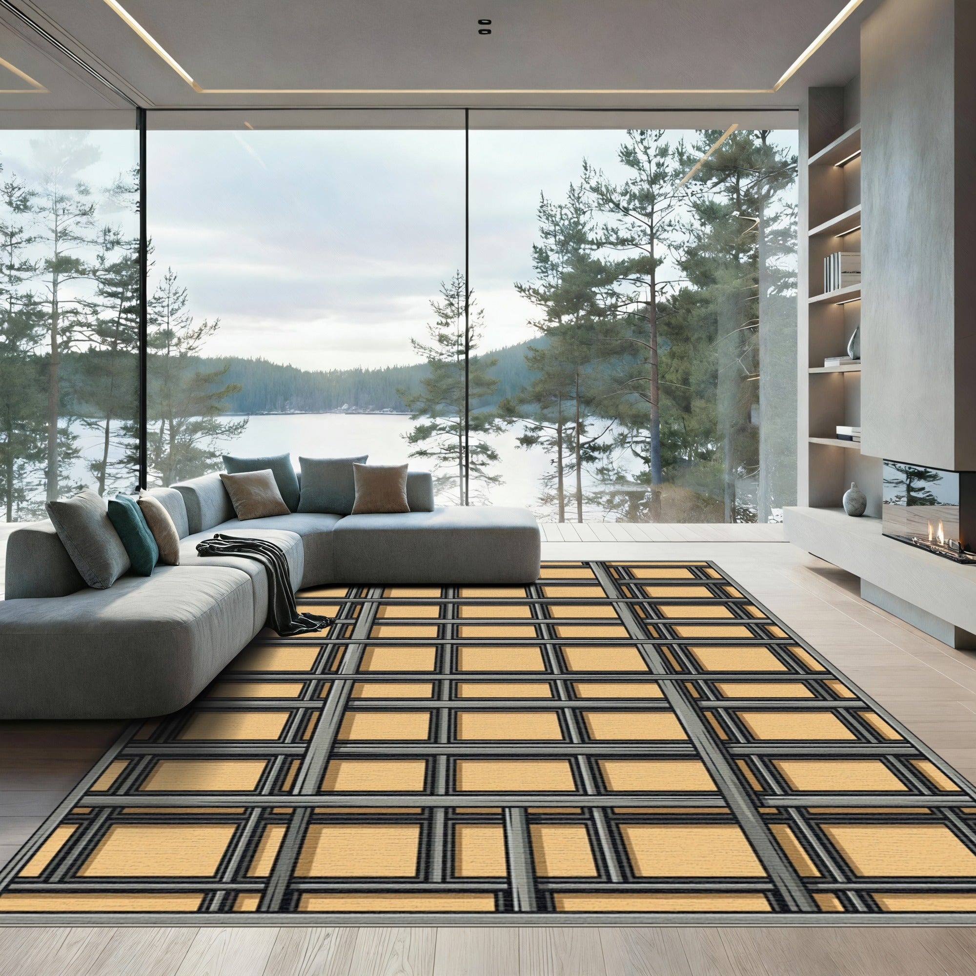 Geometric Tan Lattice Weave Rug