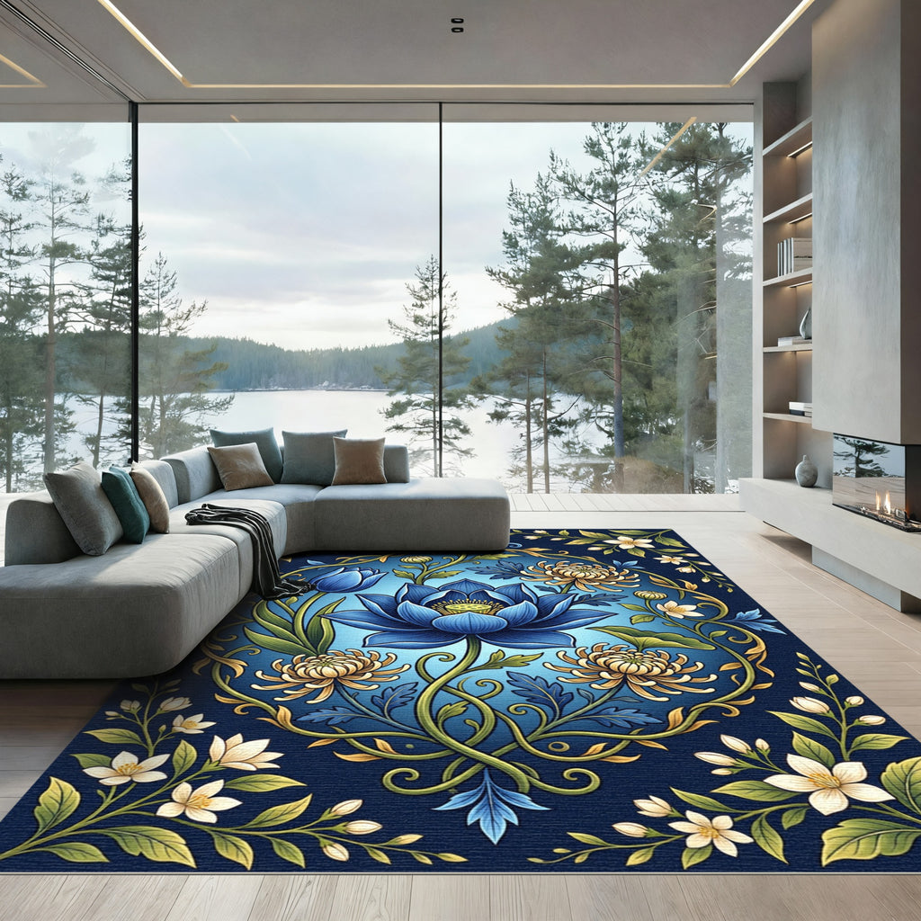 Elegant Blue Floral Medallion Botanical Rug