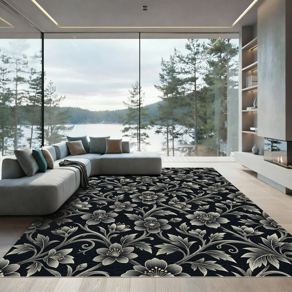 Ornate Black Floral Vine Swirls Rug