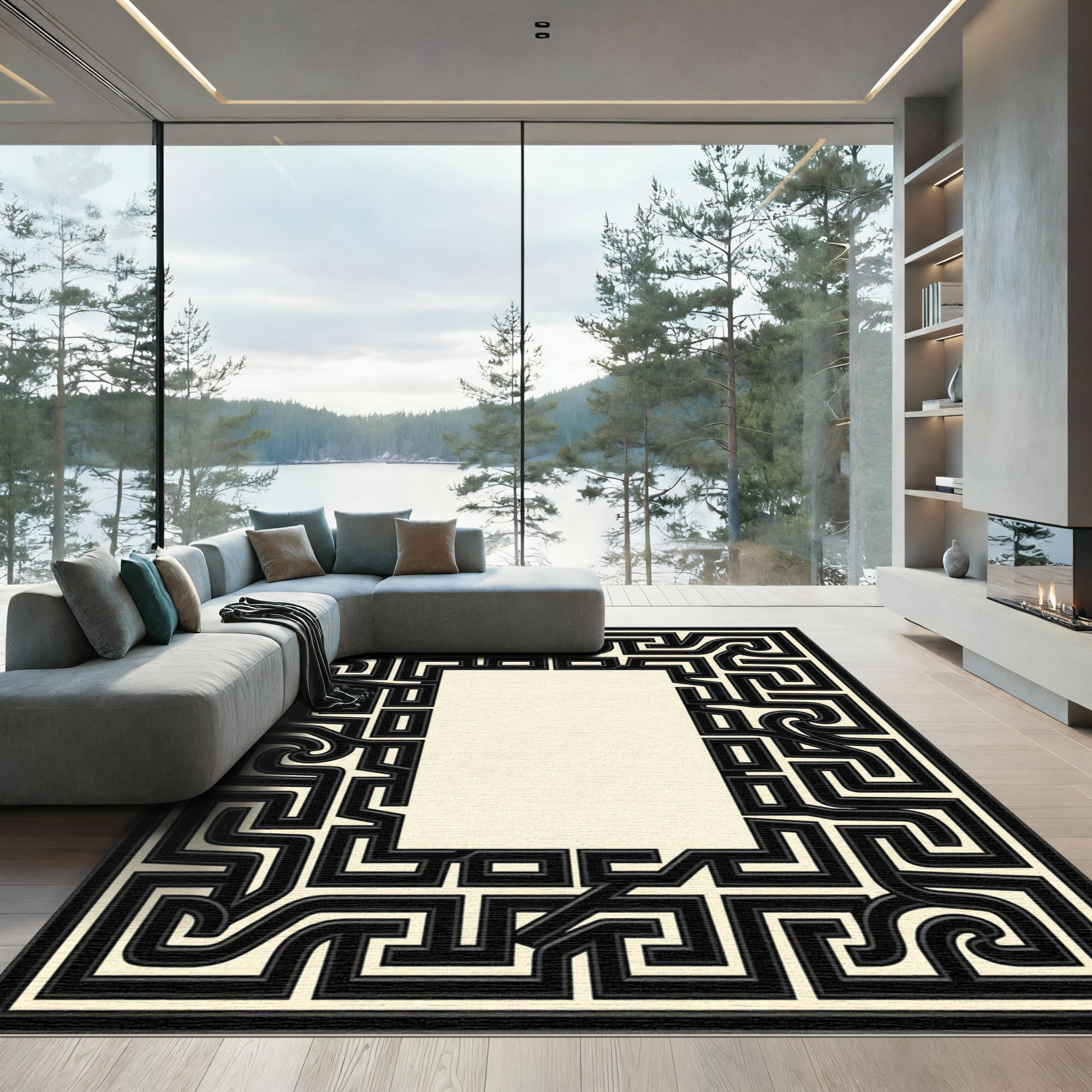 Intricate Black Maze Border Cream Rug