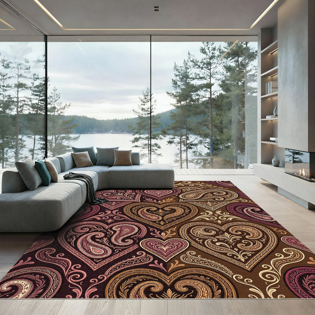 Rich Chocolate Crimson Heart Paisley Rug