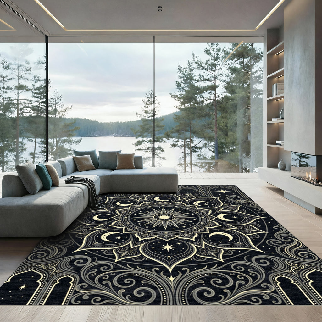 Celestial Black and Gold Mandala Rug