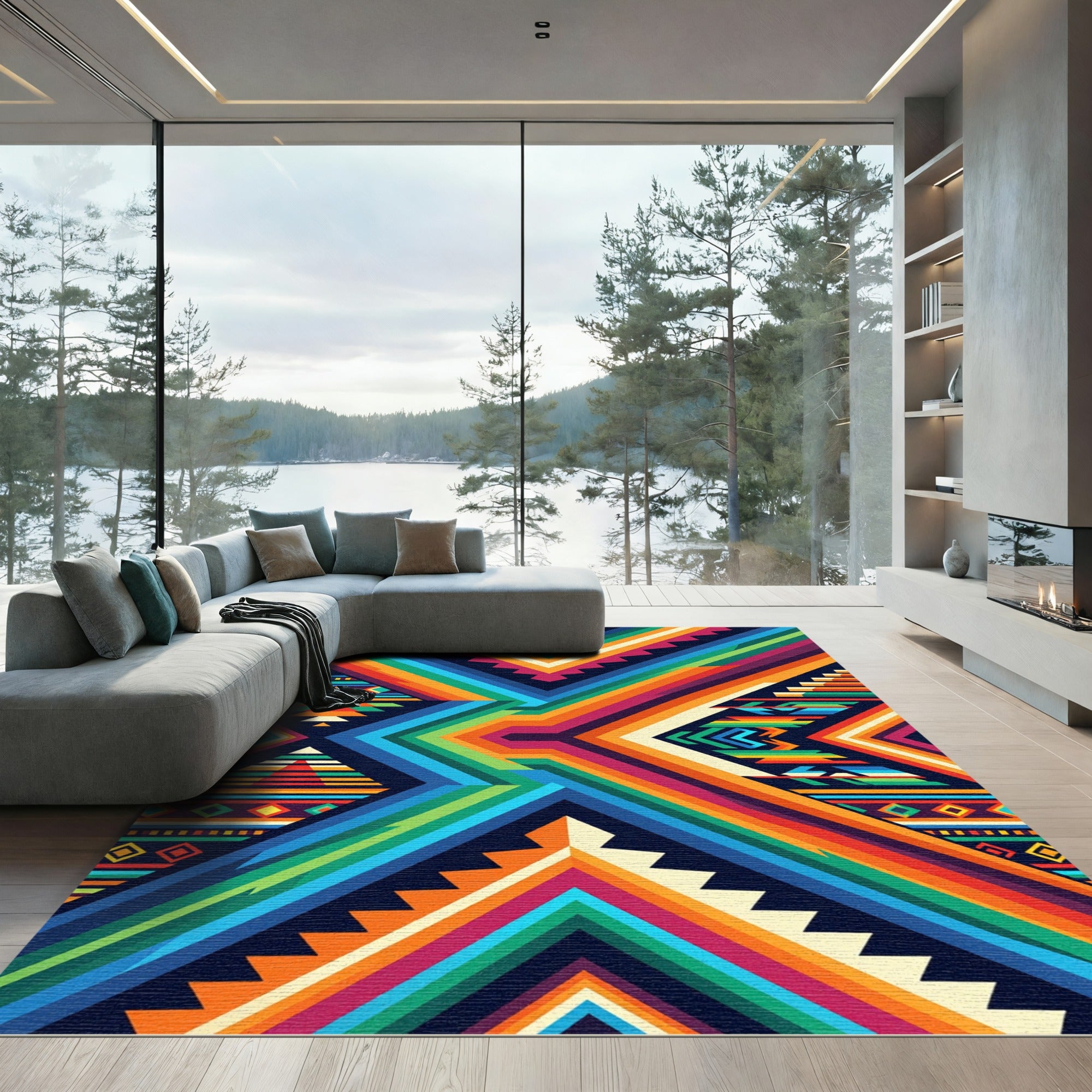 Vibrant Geometric Rainbow Mountain Art Rug