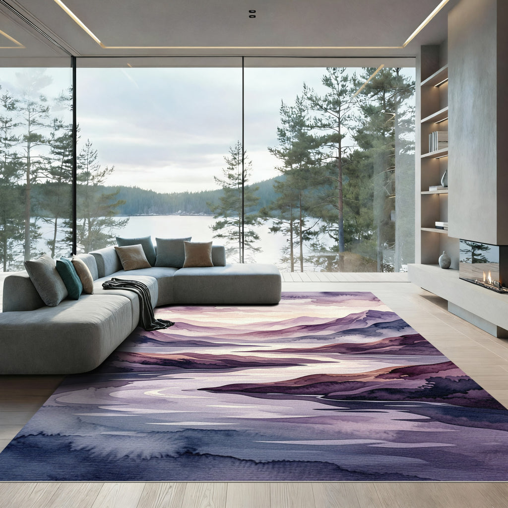 Ethereal Purple Watercolor Mountain Riverscape Rug