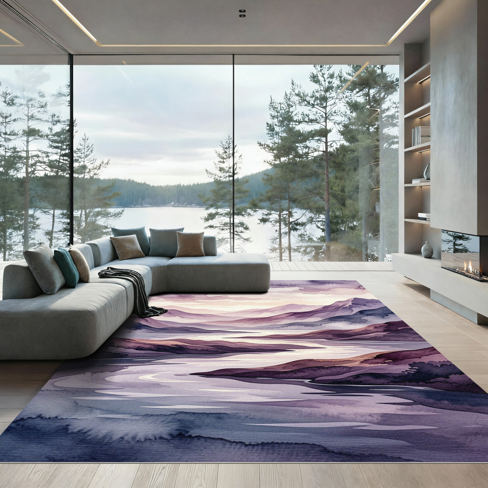 Ethereal Purple Watercolor Mountain Riverscape Rug