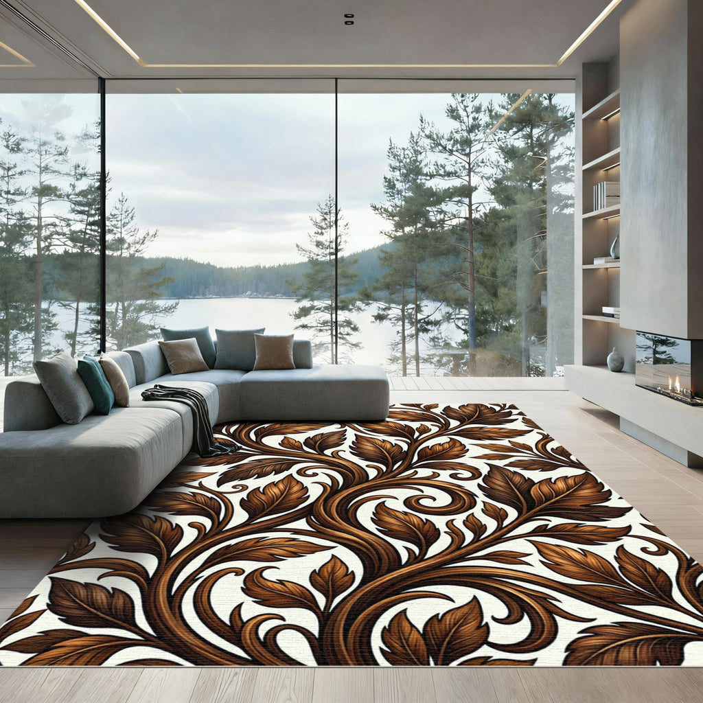 Rich Brown Acanthus Leaf Vine Rug