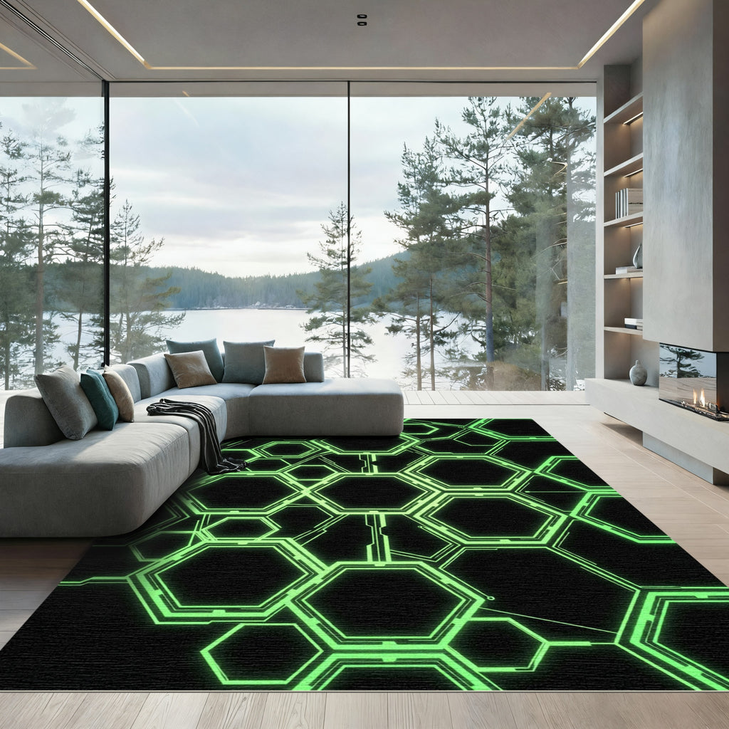 Luminous Lime Cyberpunk Hexagon Grid Rug