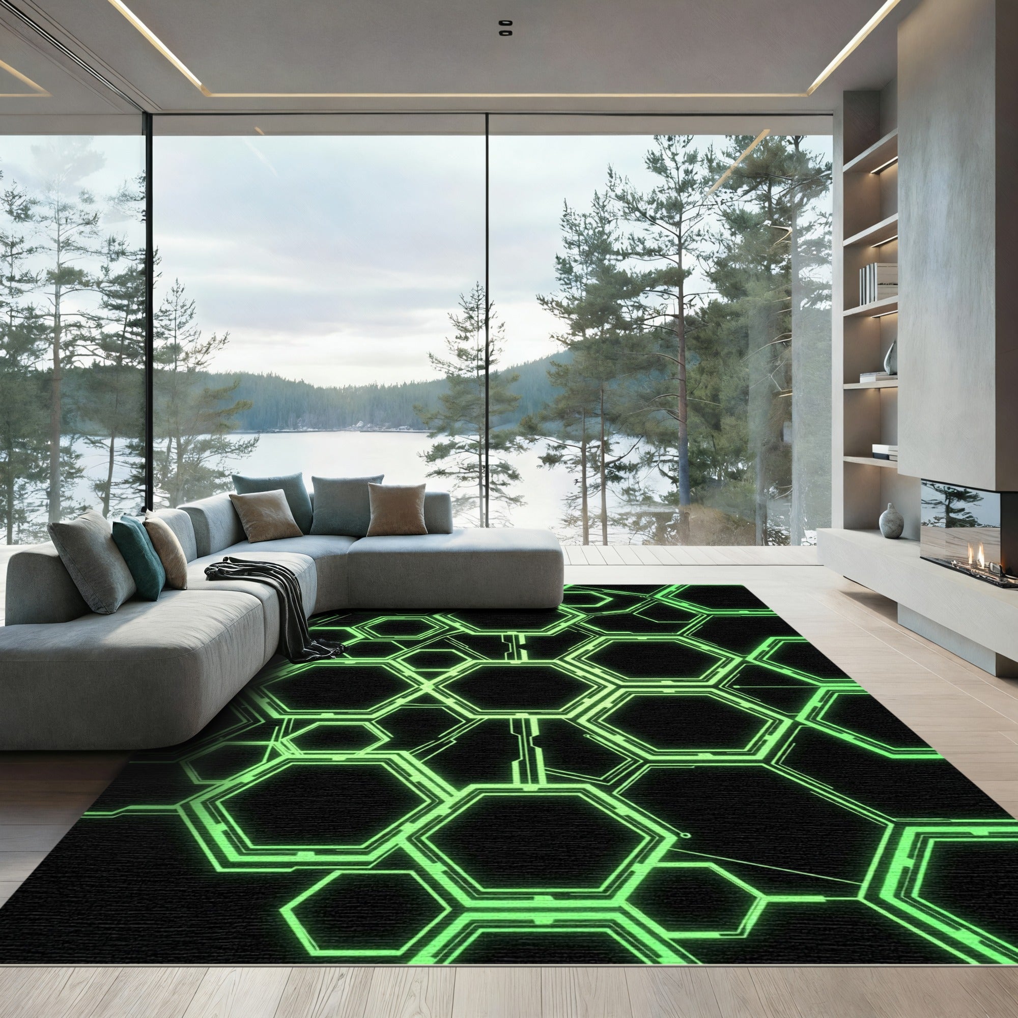 Luminous Lime Cyberpunk Hexagon Grid Rug