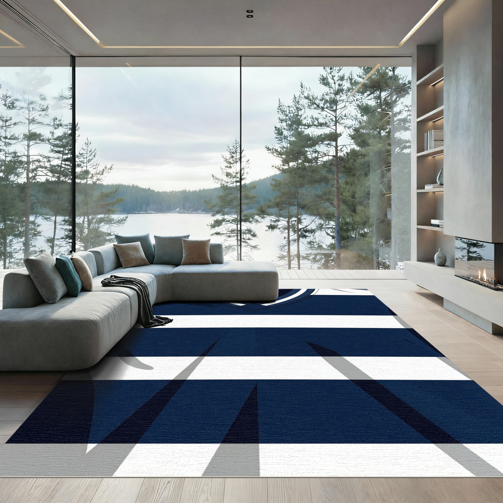 Navy and White Striped V-Neck Rug