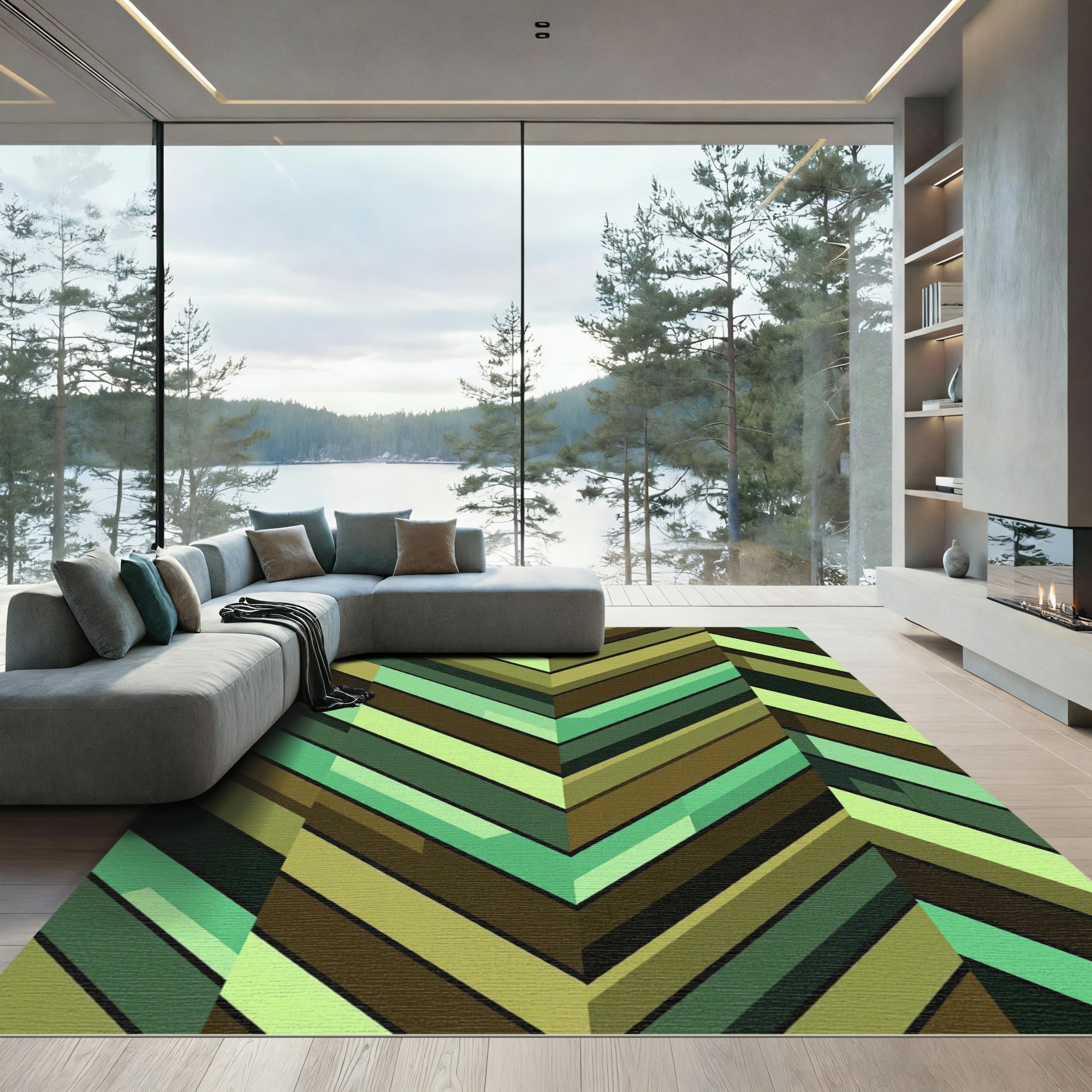 Modern Olive Forest Chevron Stripe Rug