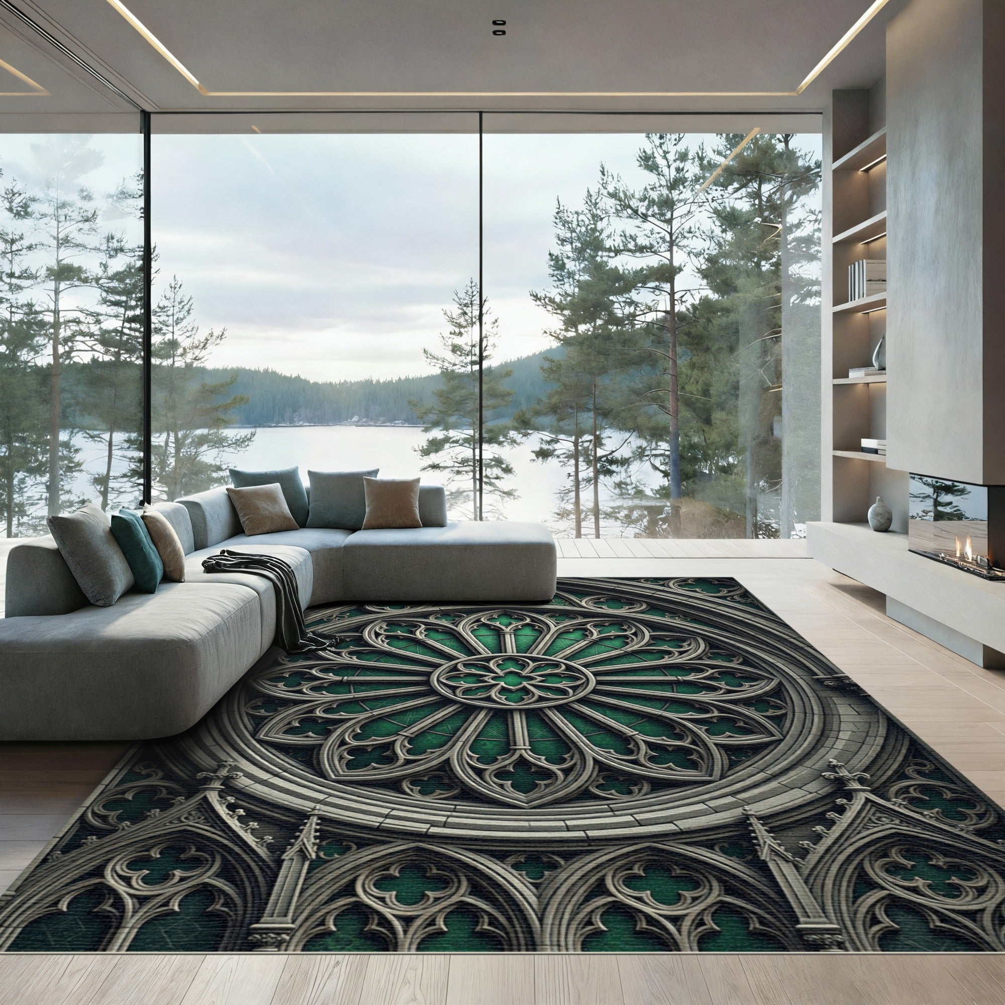 Gothic Emerald Radiant Rose Window Rug