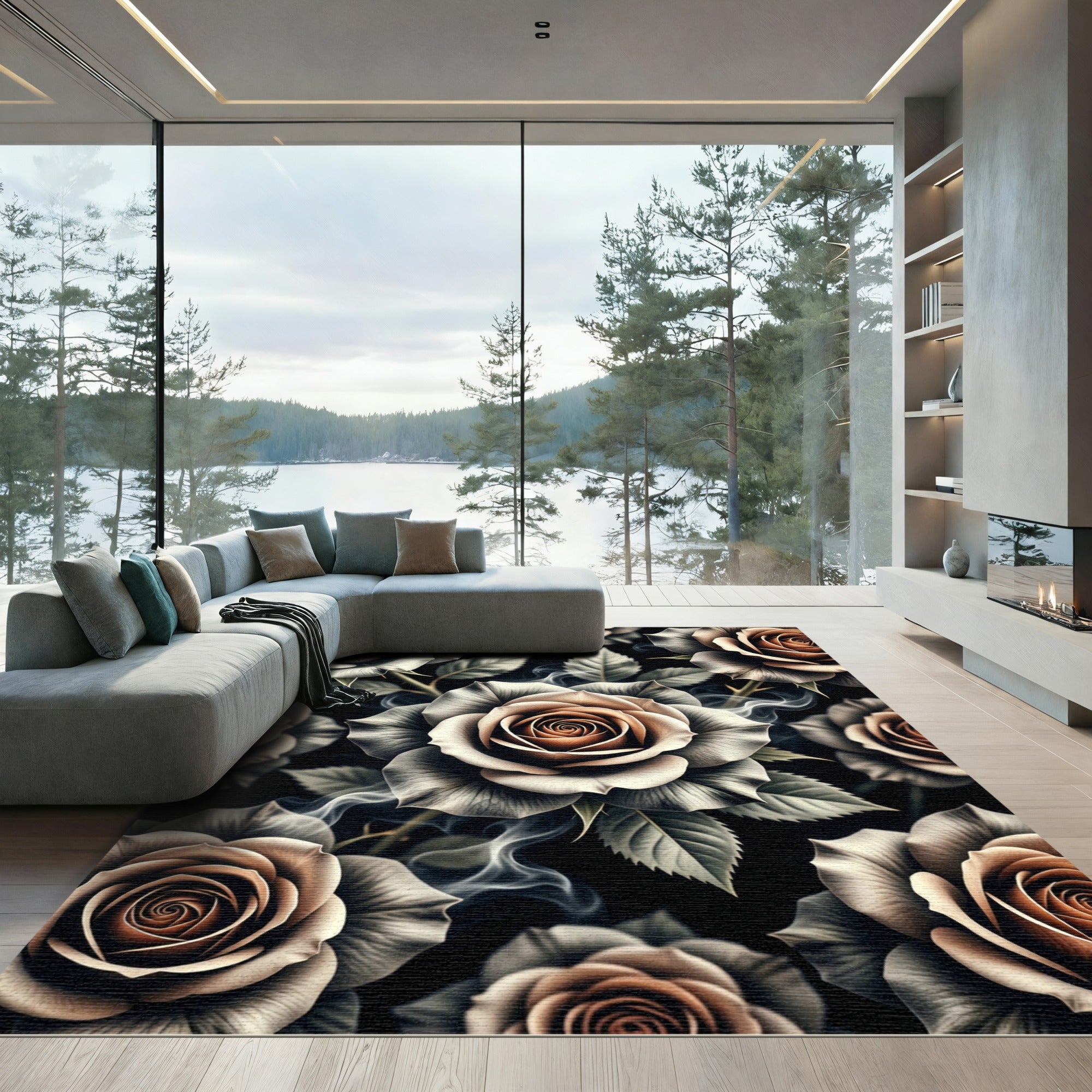 Grayscale And Peach Rose Smoke Rug