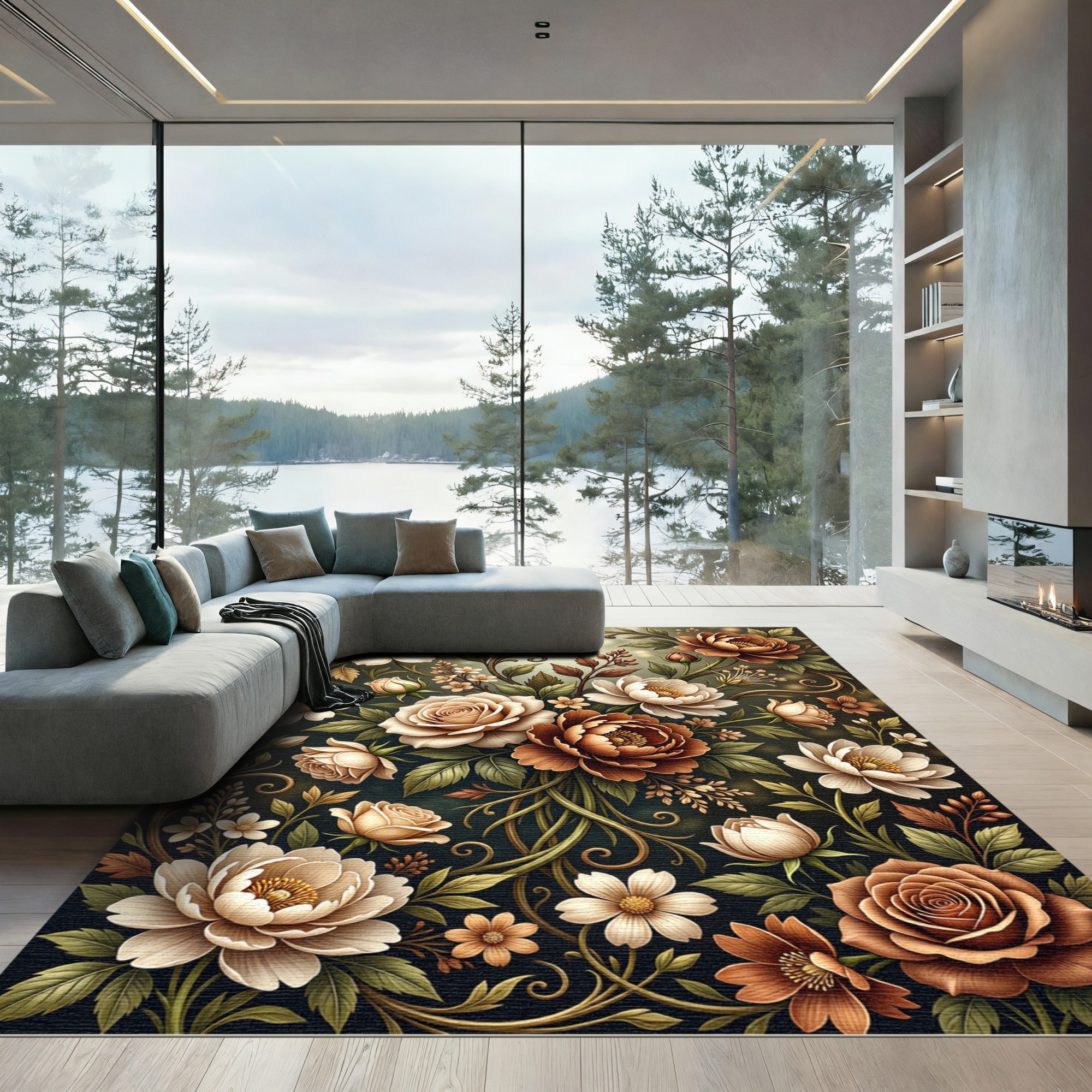 Elegant Sepia Botanical Floral Bouquet Rug