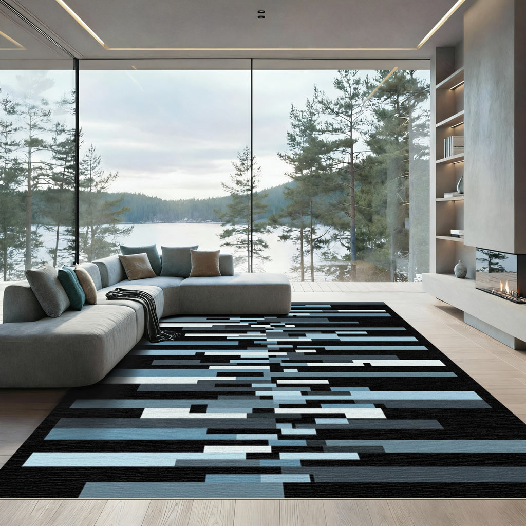 Modern Slate Blues Horizontal Bars Rug
