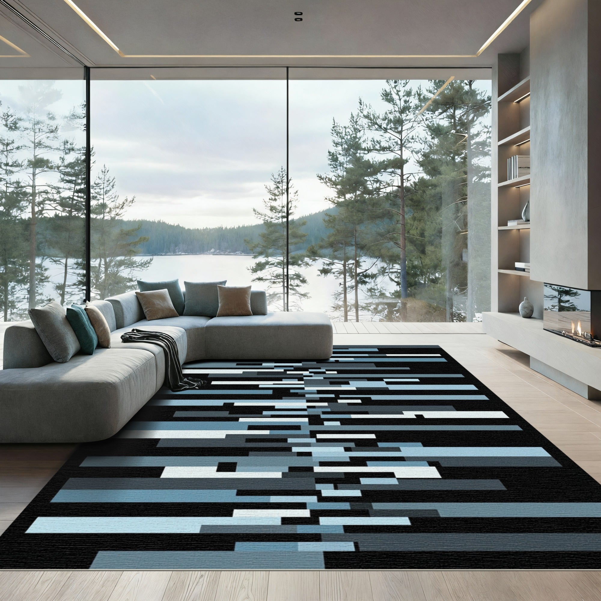 Modern Slate Blues Horizontal Bars Rug